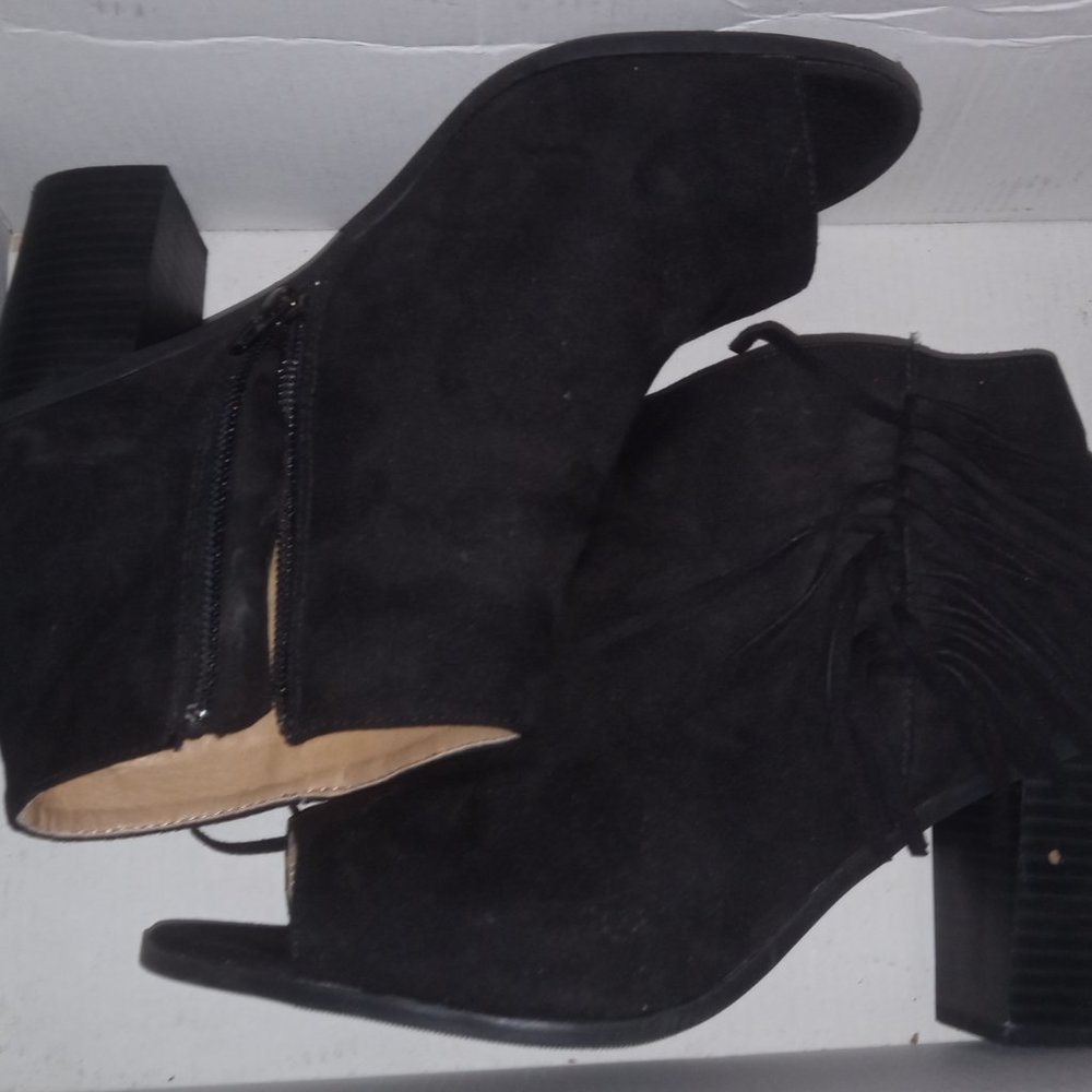 Black tassel ankle zip open toe boots